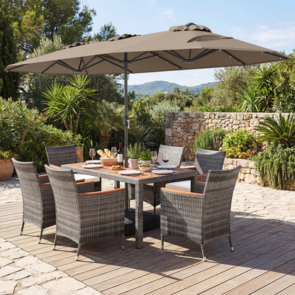 8 Pieces Outdoor Wicker Dining Furniture and 13.5 FT Double-Sided Patio Umbrella