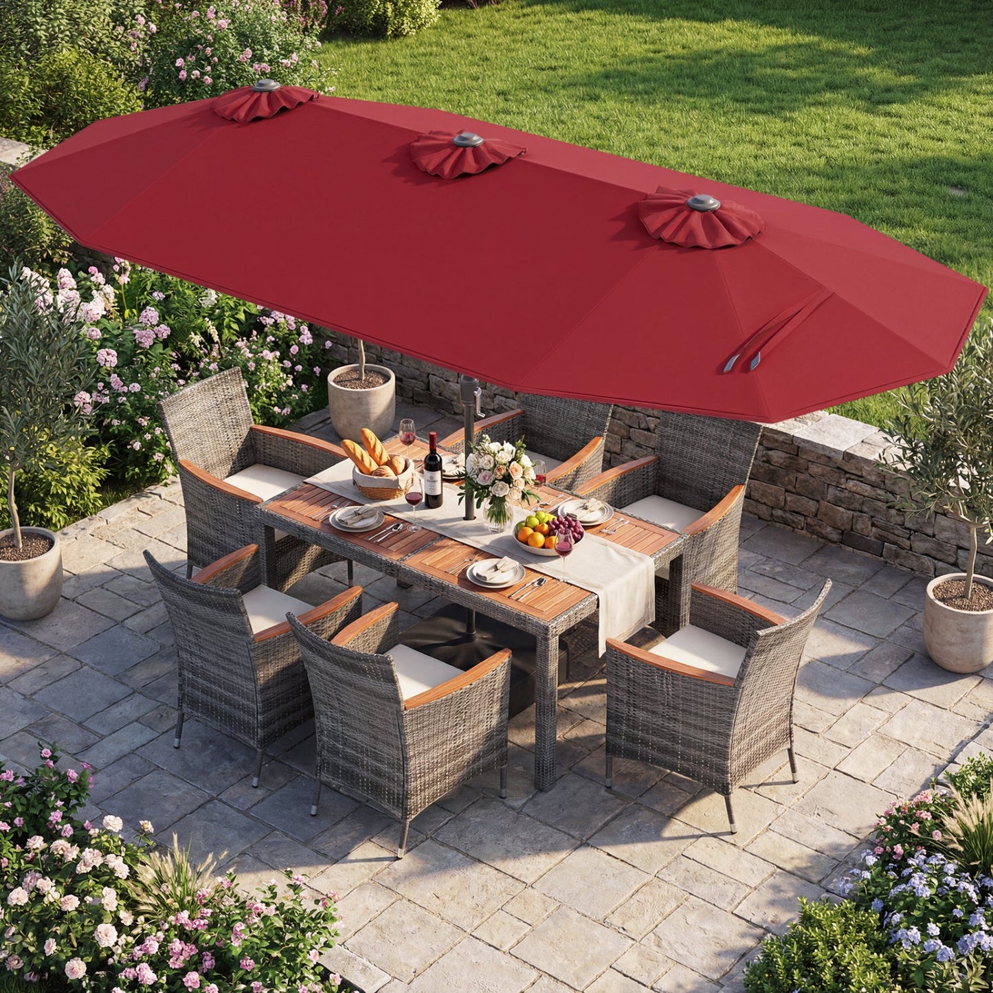 8 Pieces Outdoor Wicker Dining Furniture and 13.5 FT Double-Sided Patio Umbrella