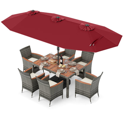 8 Pieces Outdoor Wicker Dining Furniture and 13.5 FT Double-Sided Patio Umbrella