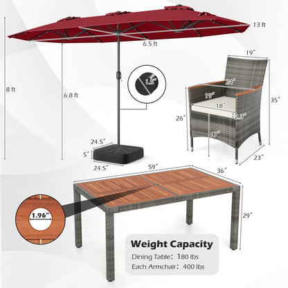 8 Pieces Outdoor Wicker Dining Furniture and 13.5 FT Double-Sided Patio Umbrella
