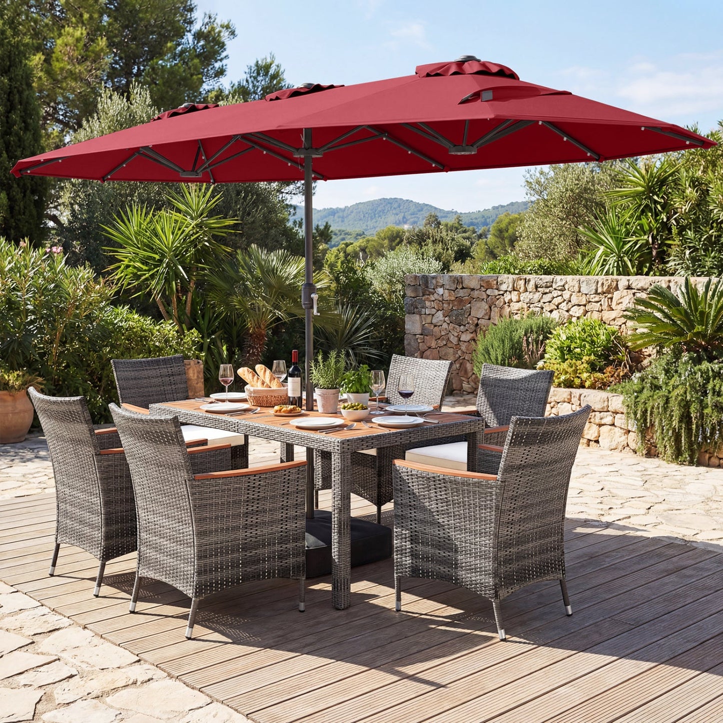 8 Pieces Outdoor Wicker Dining Furniture and 13.5 FT Double-Sided Patio Umbrella