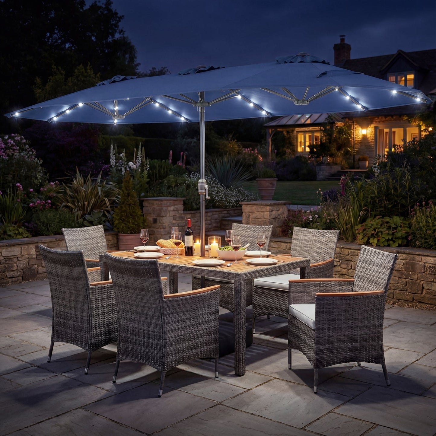 8 Pieces Outdoor Wicker Dining Furniture and 13.5 FT Double-Sided Patio Umbrella