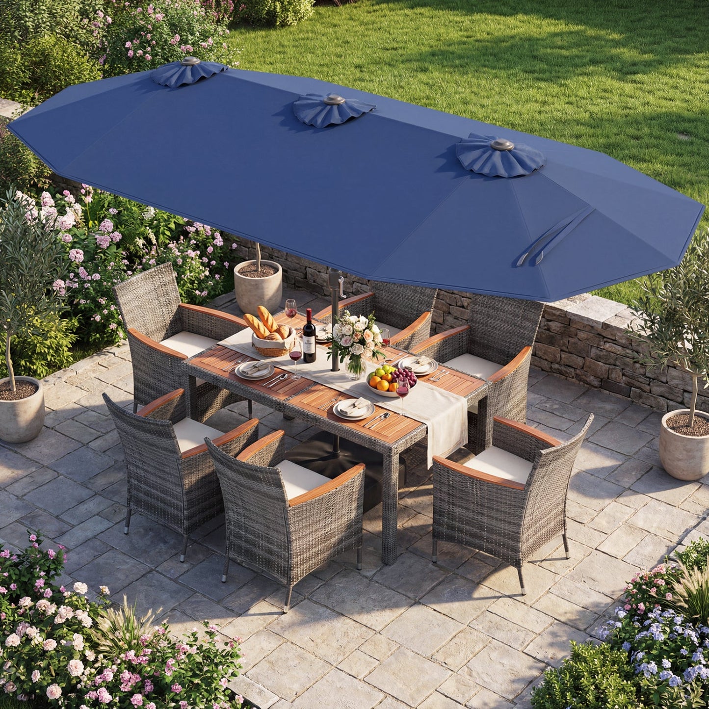 8 Pieces Outdoor Wicker Dining Furniture and 13.5 FT Double-Sided Patio Umbrella