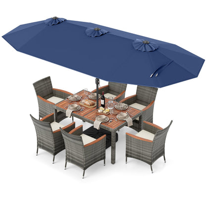 8 Pieces Outdoor Wicker Dining Furniture and 13.5 FT Double-Sided Patio Umbrella