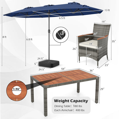 8 Pieces Outdoor Wicker Dining Furniture and 13.5 FT Double-Sided Patio Umbrella