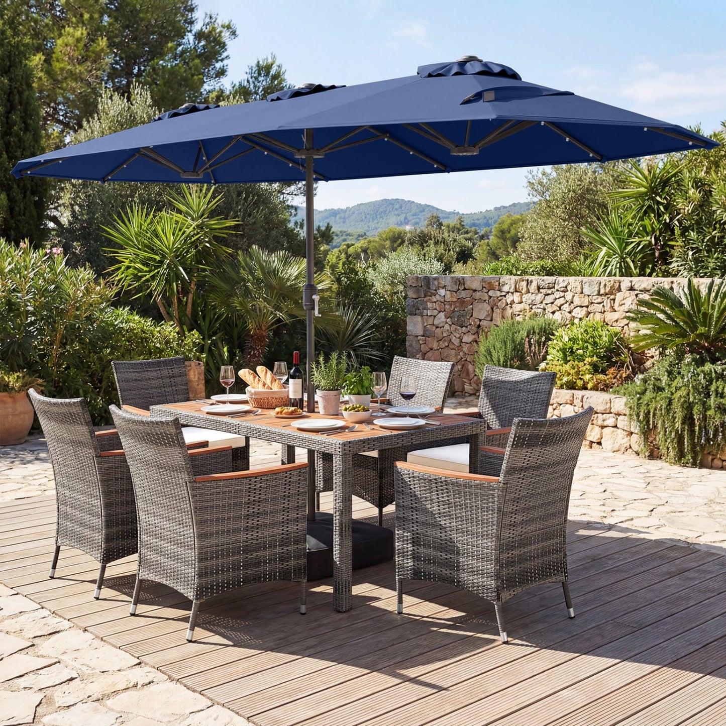 8 Pieces Outdoor Wicker Dining Furniture and 13.5 FT Double-Sided Patio Umbrella