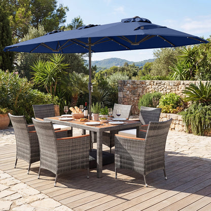 8 Pieces Outdoor Wicker Dining Furniture and 13.5 FT Double-Sided Patio Umbrella