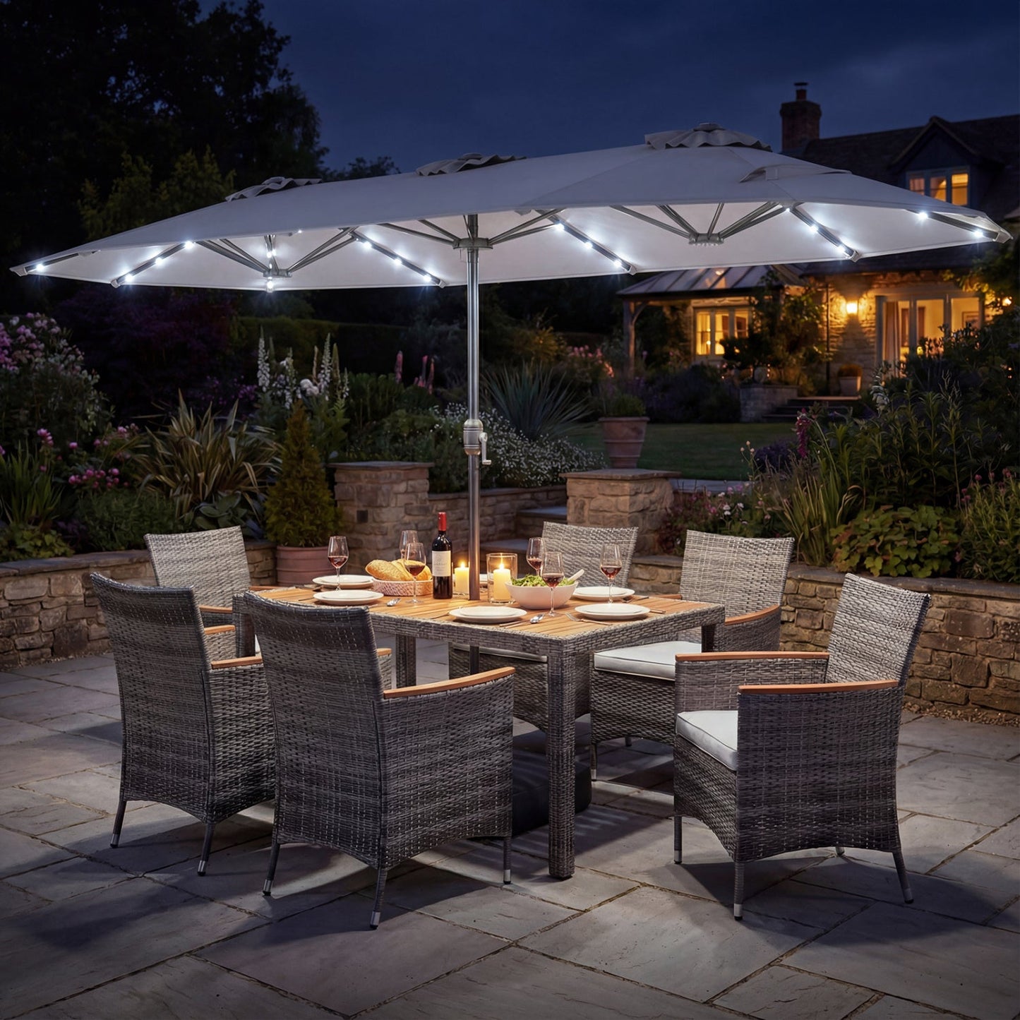 8 Pieces Outdoor Wicker Dining Furniture and 13.5 FT Double-Sided Patio Umbrella