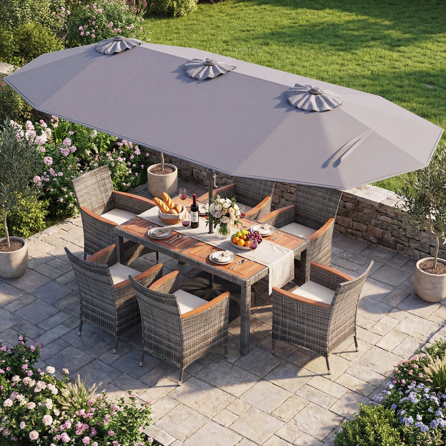 8 Pieces Outdoor Wicker Dining Furniture and 13.5 FT Double-Sided Patio Umbrella