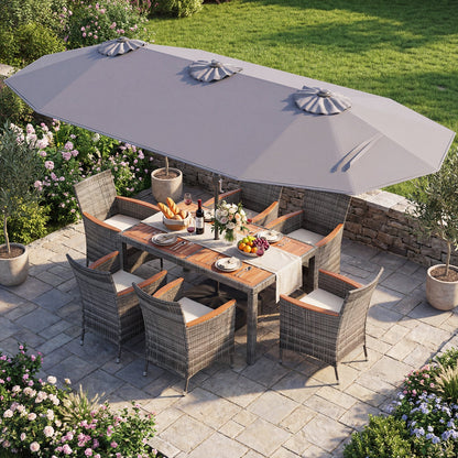 8 Pieces Outdoor Wicker Dining Furniture and 13.5 FT Double-Sided Patio Umbrella