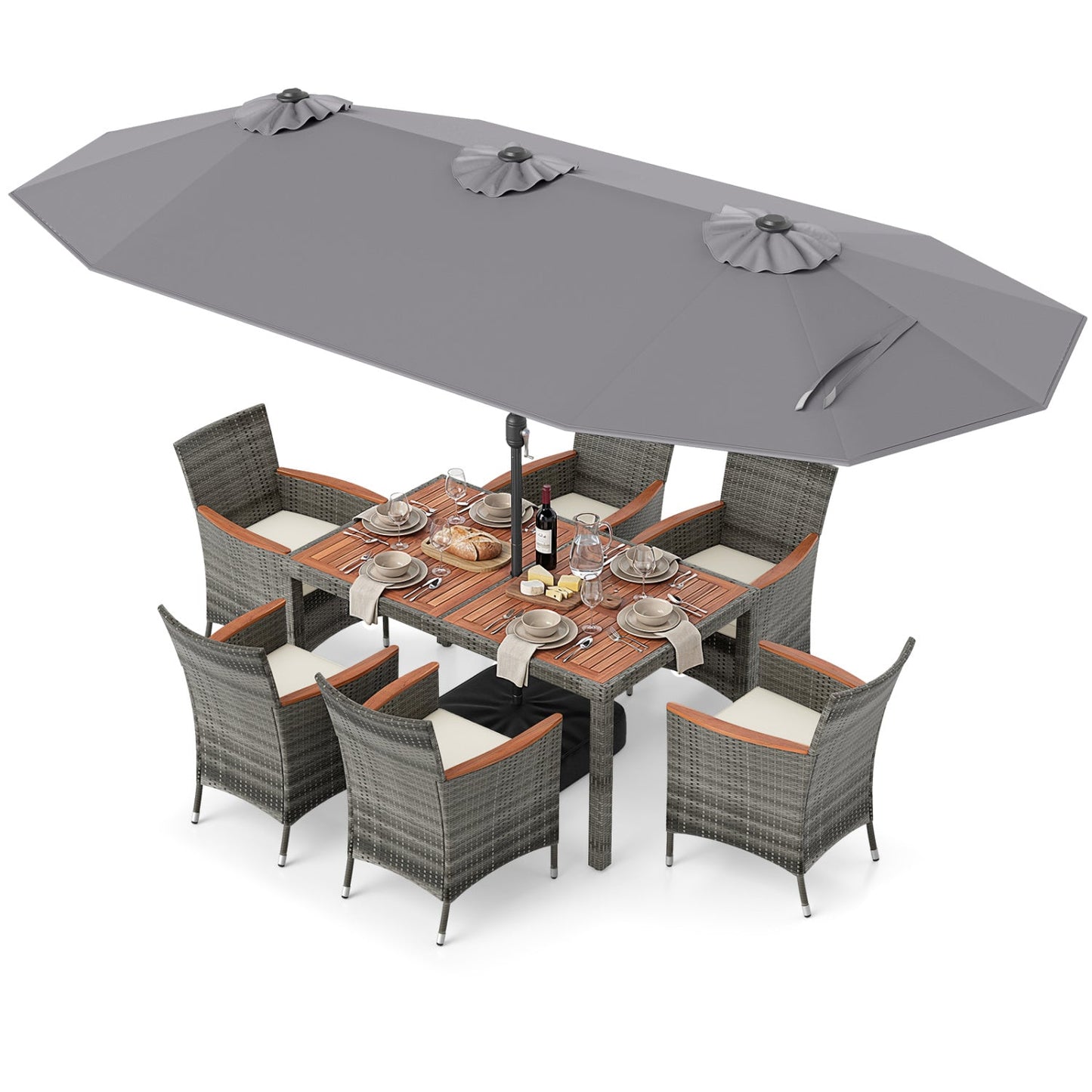 8 Pieces Outdoor Wicker Dining Furniture and 13.5 FT Double-Sided Patio Umbrella