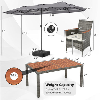 8 Pieces Outdoor Wicker Dining Furniture and 13.5 FT Double-Sided Patio Umbrella