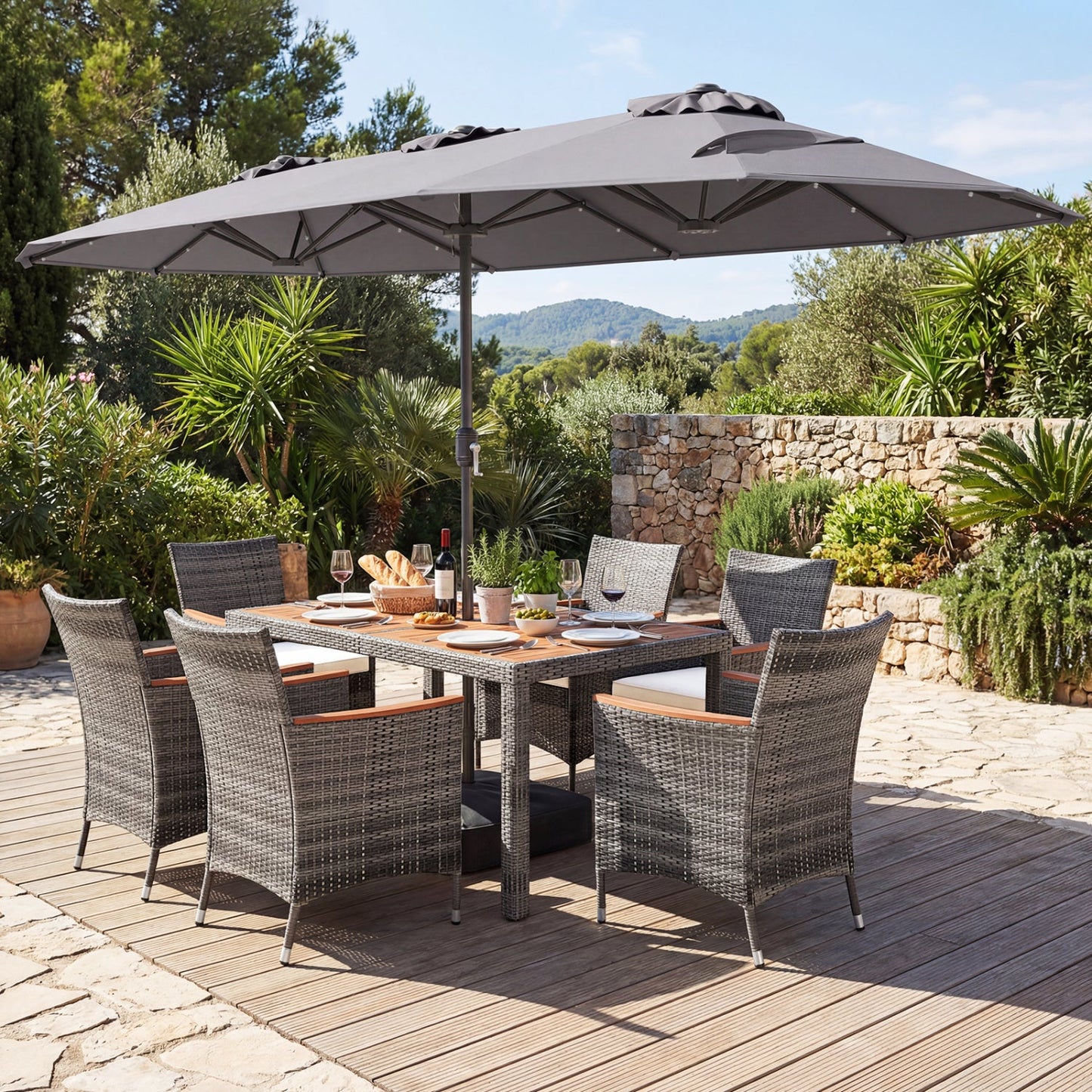 8 Pieces Outdoor Wicker Dining Furniture and 13.5 FT Double-Sided Patio Umbrella