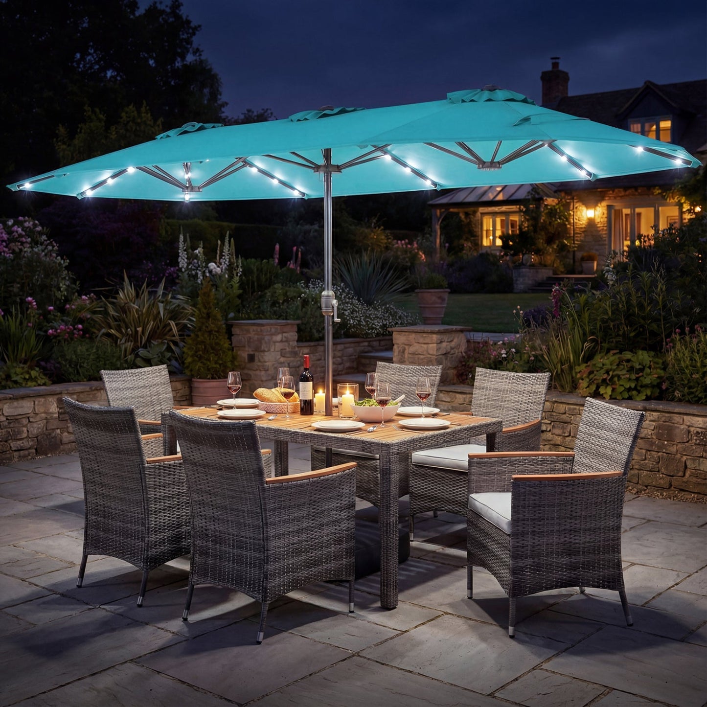 8 Pieces Outdoor Wicker Dining Furniture and 13.5 FT Double-Sided Patio Umbrella