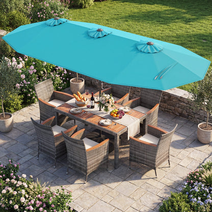 8 Pieces Outdoor Wicker Dining Furniture and 13.5 FT Double-Sided Patio Umbrella