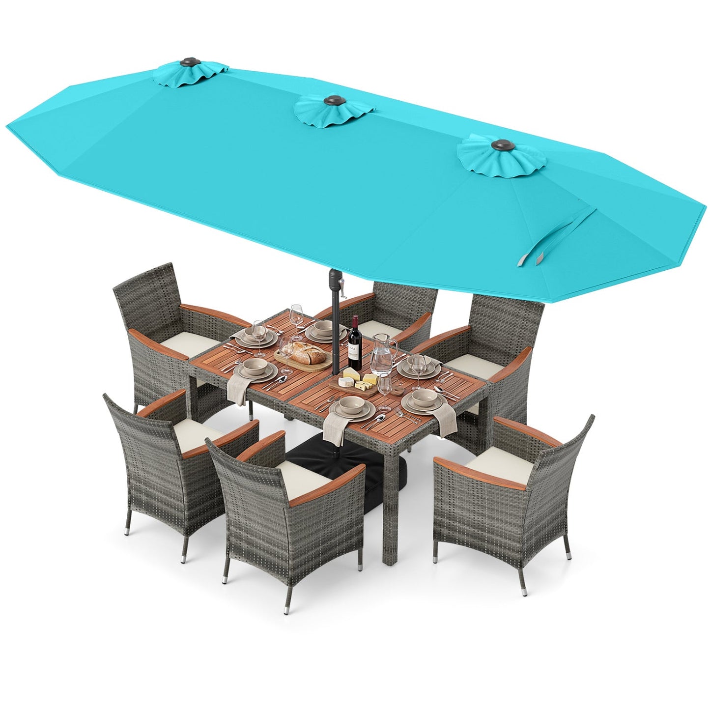 8 Pieces Outdoor Wicker Dining Furniture and 13.5 FT Double-Sided Patio Umbrella