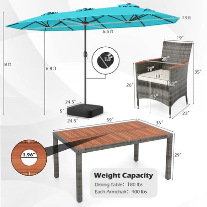 8 Pieces Outdoor Wicker Dining Furniture and 13.5 FT Double-Sided Patio Umbrella
