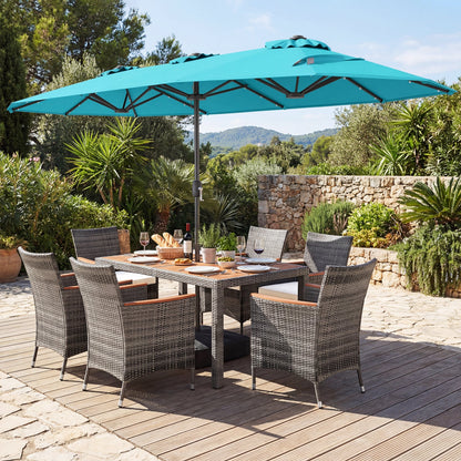 8 Pieces Outdoor Wicker Dining Furniture and 13.5 FT Double-Sided Patio Umbrella