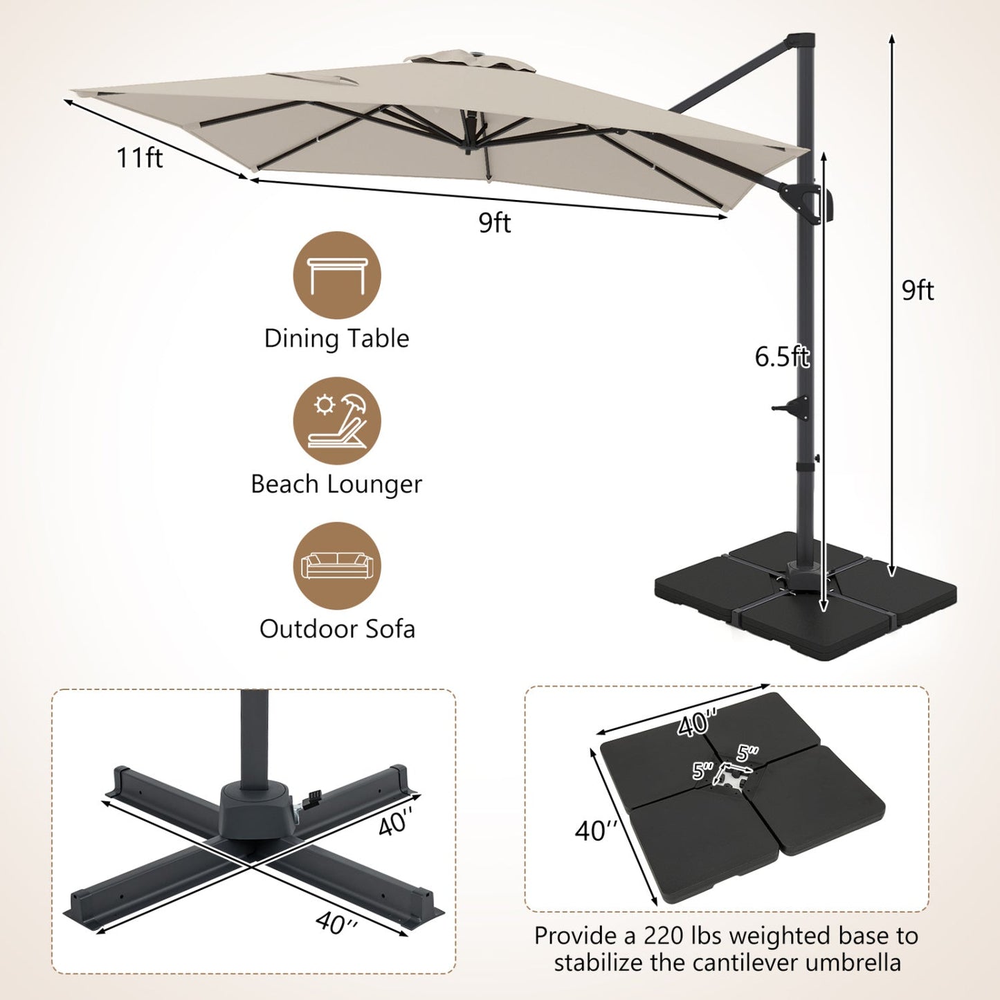 Offset Hanging Patio Umbrella 11x9 ft with 220 lb Base